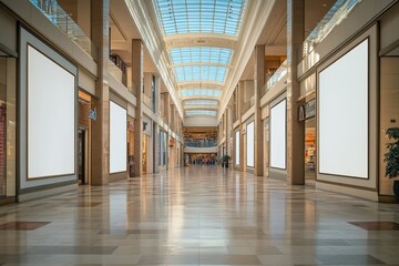Naklejka premium Empty Mall Interior with Blank Advertisement Spaces