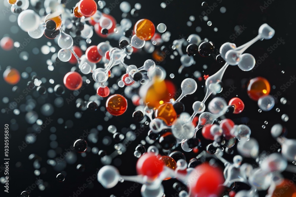 Poster 3d render of a network of molecules forming on a black background