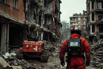 Fototapeta premium Rescue Worker in Destroyed Building with Heavy Machinery