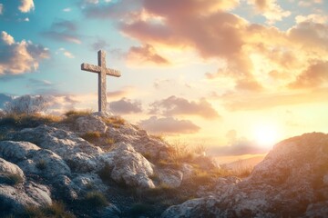 Fototapeta premium Inspirational Easter Background Featuring a Cross and Radiant Sunlight