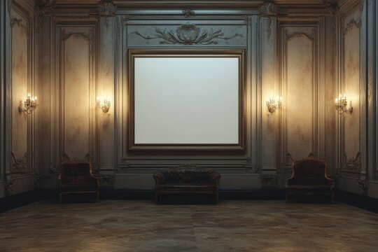 Elegant Classic Interior Room With White Frame  Two Vintage Armchairs And Wall Sconces