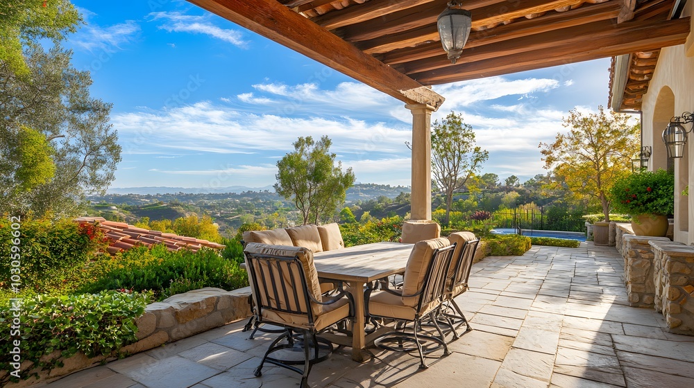 Aufkleber 127. an open-air patio with an empty dining set and view