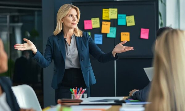 Businesswoman leading a brainstorming session, engaging her team with gestures in a contemporary office setting. Collaboration and creativity thrive in this dynamic environment