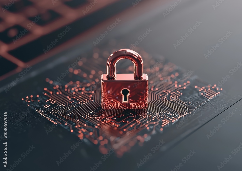 Poster In front of a laptop computer is an image of a digital padlock, representing cyber security and data protection from cyber threats, isolated on a white background.