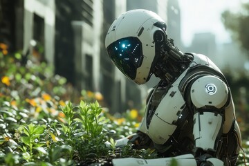Fototapeta premium Futuristic Robot Exploring Nature Artificial Intelligence in Green Environment