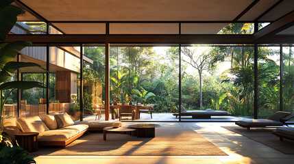 A tropicalstyle home featuring floortoceiling glass walls that offer panoramic views of the surroundings