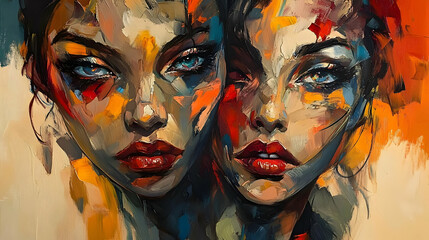 Abstract Oil Painting of Two Women's Faces with Bold Strokes and Vibrant Colors