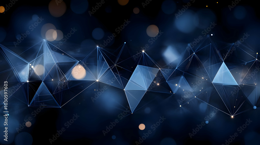 Poster abstract 3d blue polygonal network with golden bokeh lights on dark background