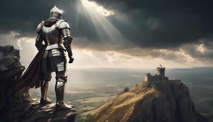 Fototapeta premium Armored knight standing on a cliff overlooking a castle with dramatic sky and sunlight rays