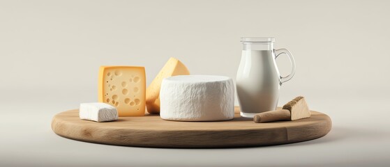 Cheese assortment with milk on wooden platter
