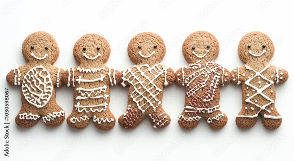 Poster a collection of eight festive gingerbread cookies decorated with icing on a transparent background