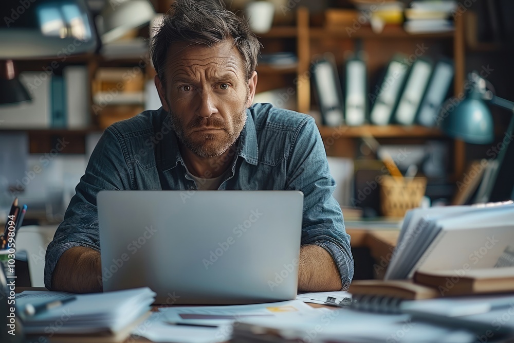 Poster a small business owner appears worried at a desk filled with compliance documents and a laptop, emph