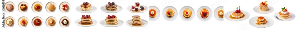 Poster freshly made pancakes with strawberries and blueberries isolated on a transparent background