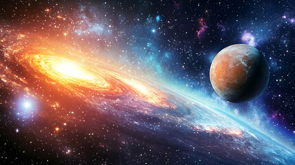 Obraz premium A Cosmic Dance: A Vibrant Galaxy Swirls Around a Red Planet, Illuminating the Deep Space with Its Radiant Light