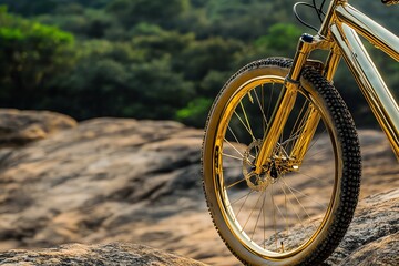 Fototapeta premium Close-up shot of a gleaming, gold-plated mountain bike resting on a rocky cliff, adventure awaits