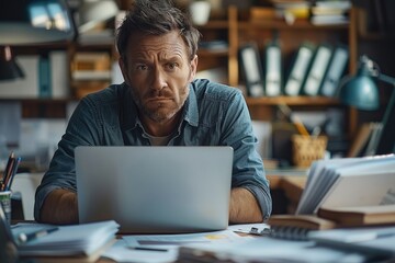 A small business owner appears worried at a desk filled with compliance documents and a laptop, emphasizing the importance of adherence to regulations in a professional office setting.