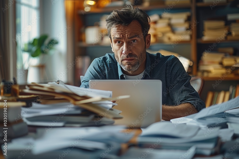 Poster a small business owner appears worried at a desk filled with compliance documents and a laptop, emph