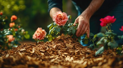 Gardener mulching summer garden with shredded wood mulch. Man puts sawdust and leaves around roses plants on flowerbed.