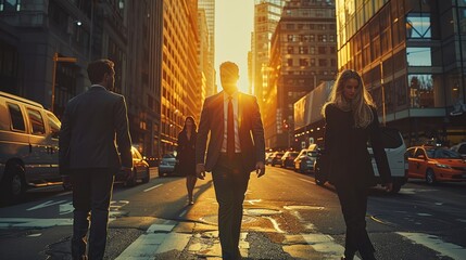 Business men and women walking on city street.