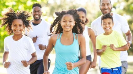 Joyful family group running together outdoors in sunny park