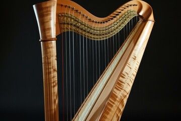 Beautiful wooden harp with tuning pegs and strings on a black background