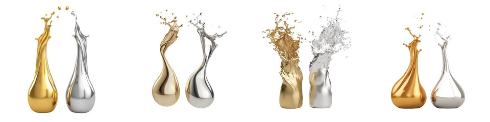 Splats of gold and silver paint. Isolated object, transparent background