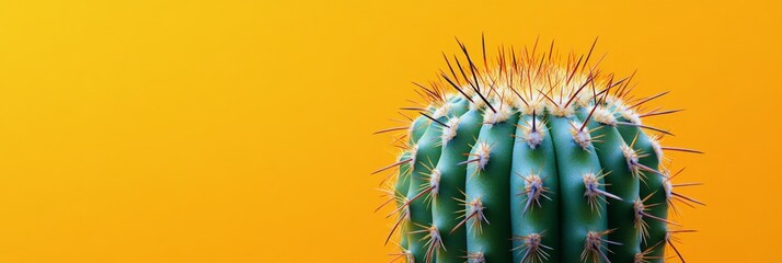 A vibrant green cactus with striking thorns against a bright yellow background indoors