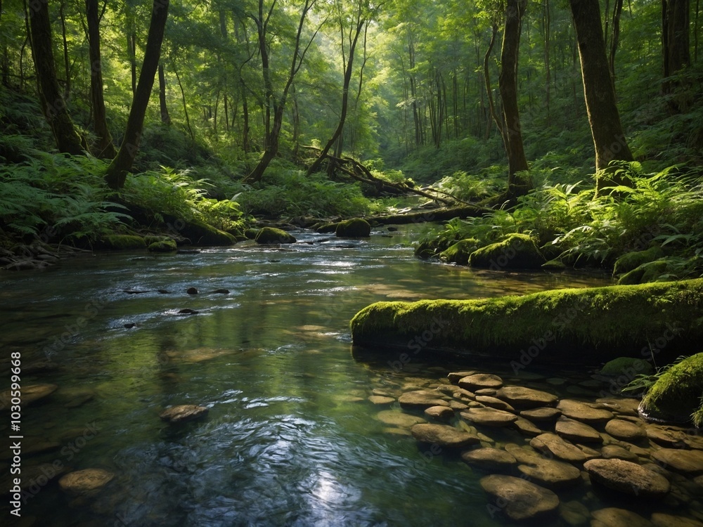 Aufkleber lush, green forest with flowing stream running through it. stream surrounded by mossy rocks and fore