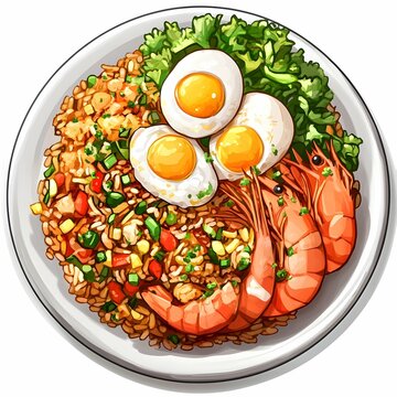fried rice with shrimp and eggs on plate clip art preview