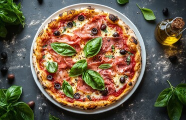 Delicious homemade pizza topped with basil, olives, and prosciutto on a wooden table