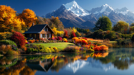Fototapeta premium Scenic autumn landscape with a cozy cabin.