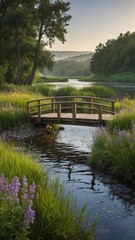 Wooden bridge over tranquil pond surrounded by lush greenery, including tall grass and trees. Pond reflects overcast sky, creating serene and peaceful atmosphere. Background features rolling hills in