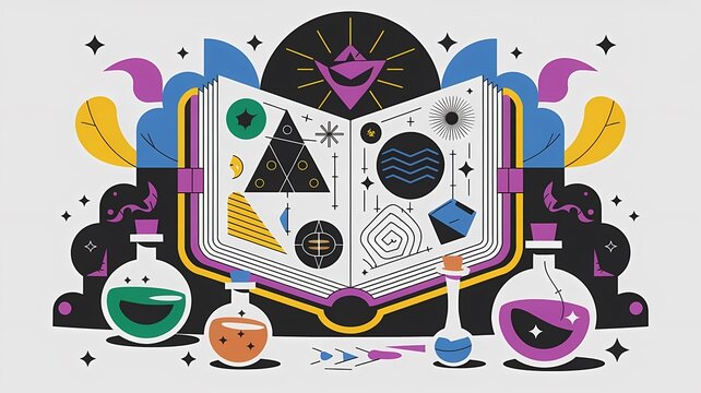Colorful illustration of an open alchemical book with geometric designs and potion bottles