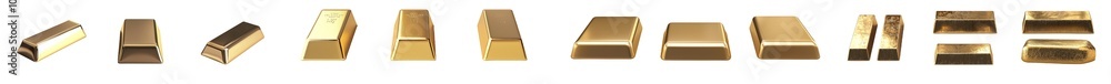 Poster stacks of gold lingots and gold bars isolated on transparent background
