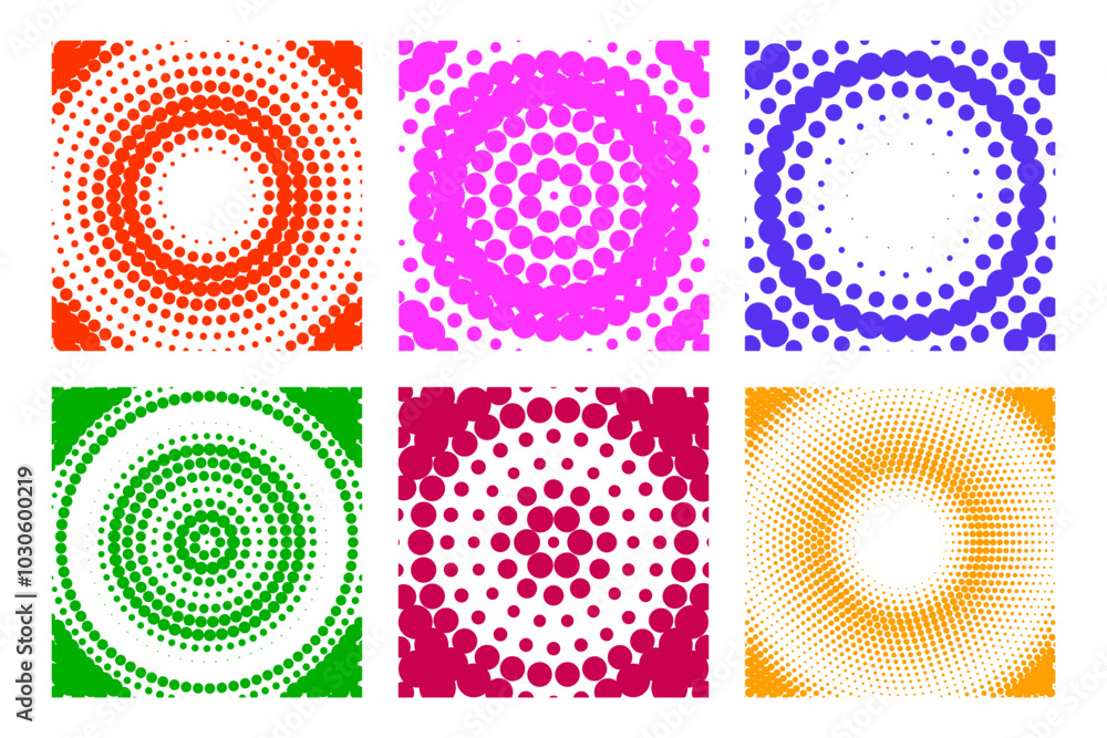Poster collection of six vibrant halftone background patterns in various colors