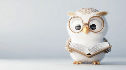 Obraz premium cute cartoon style owl wearing glasses is reading book, showcasing whimsical and intelligent expression. This charming character is perfect for educational themes