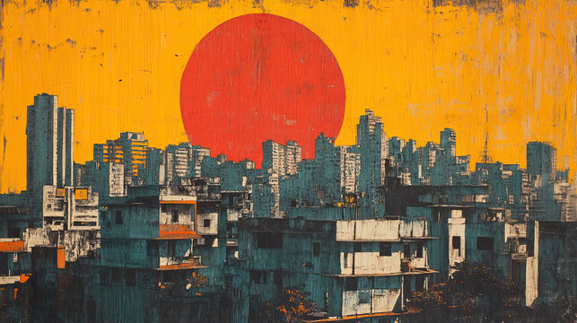 Vasai, classic traditional wood block print effect. Woodblock printing. Graphic designed, illustration for travel poster, card, wallpaper, backdrop or banner. Modern, trendy