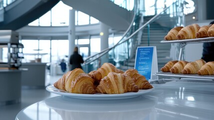 This contemporary bakery features a beautifully curated display of croissants on round tables, complemented by light beige plaster walls and elegant photography
