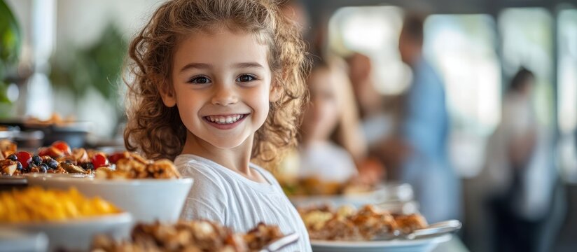 A young girl with curly hair smiles brightly as she stands in front of a buffet table full of delicious food.