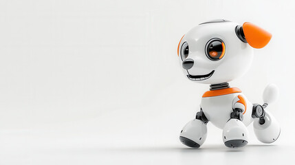 Fototapeta premium playful 3D cartoon style robot dog with friendly expression, showcasing its vibrant orange and white design. This charming character embodies joy and curiosity as it explores its surroundings