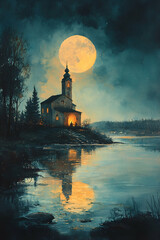 A painting of a church with a large moon in the sky. The painting has a serene and peaceful mood, with the moon reflecting on the water and the church in the distance