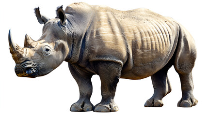 Obraz premium Rhino Moving Across a Dry Plain with Dust Clouds and a Golden Horizon in the Distance