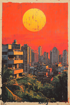 Vasai, classic traditional wood block print effect. Woodblock printing. Graphic designed, illustration for travel poster, card, wallpaper, backdrop or banner. Modern, trendy