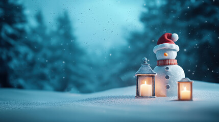 Obraz premium charming snowman wearing Santa hat stands beside glowing lanterns in snowy landscape, creating warm and festive atmosphere. 