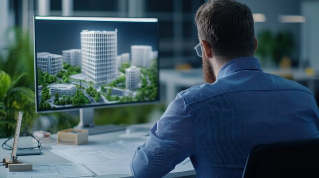 Architect analyzing 3D urban building models on computer for city planning and architectural design