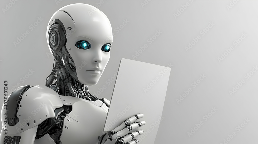 Poster a white humanoid robot with blue eyes holds a blank sheet of paper and looks at it with a serious ex