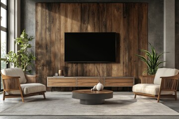 Modern Living Room Interior with Wood Wall  TV  and Armchairs