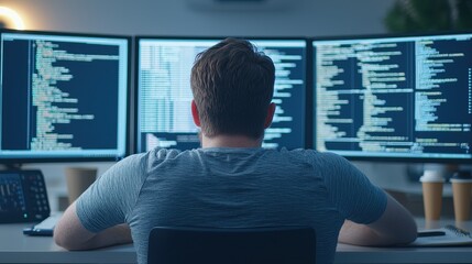 Software engineer debugging code on multiple computer screens for large-scale data analysis project