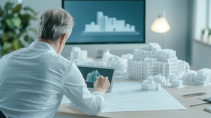 Architect designing urban cityscape using digital tablet and 3D models for building project analysis