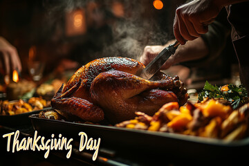 A steaming roasted turkey being carved at a family dinner, with "Thanksgiving Day" written in glowing script above the autumn-themed setting.